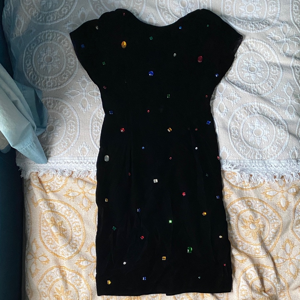 Chetta B Vintage Black Midi Dress with Colorful Embellishments